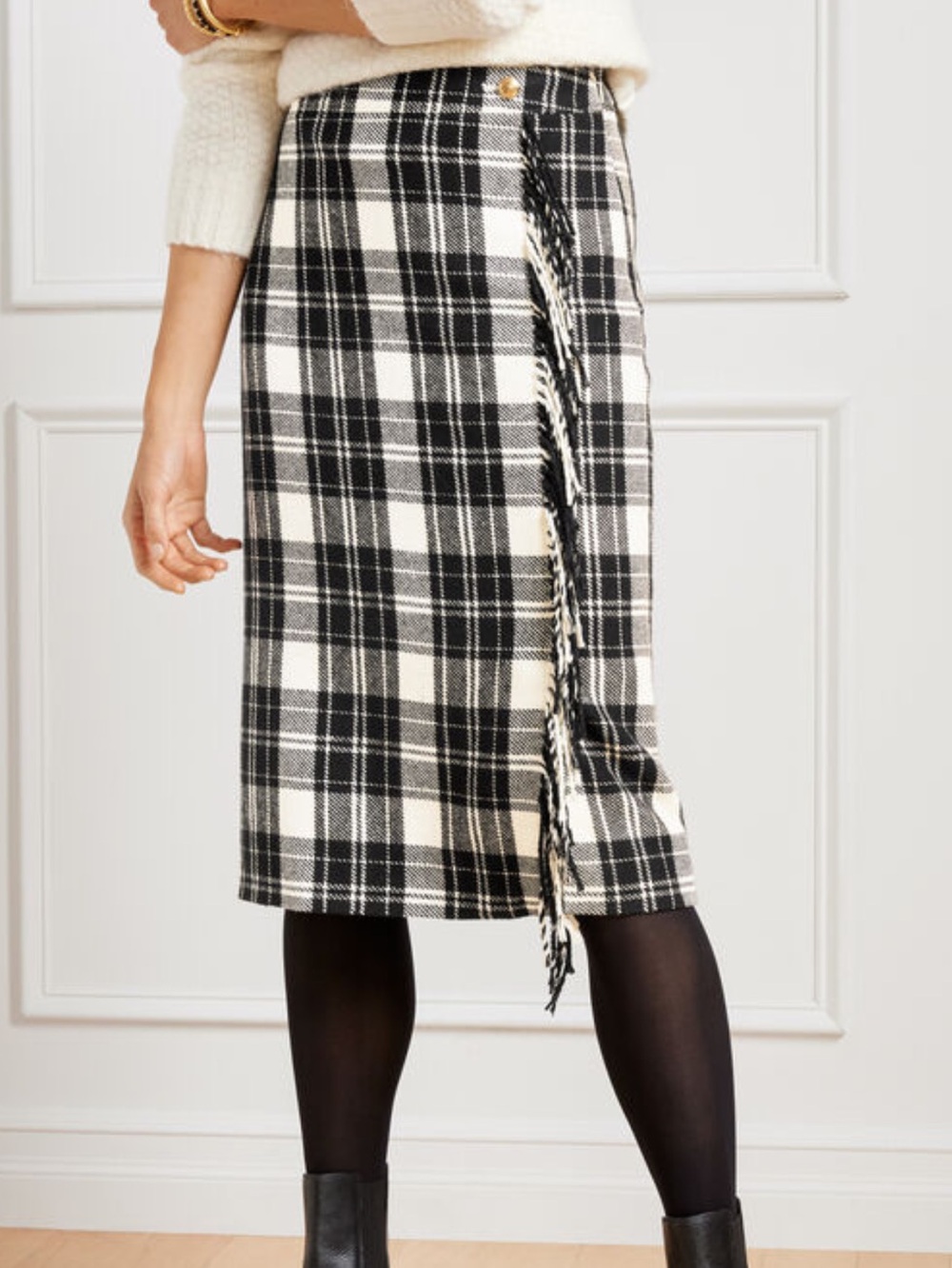 Talbots Fringe Wrap Skirt in Ice Plaid Size 10